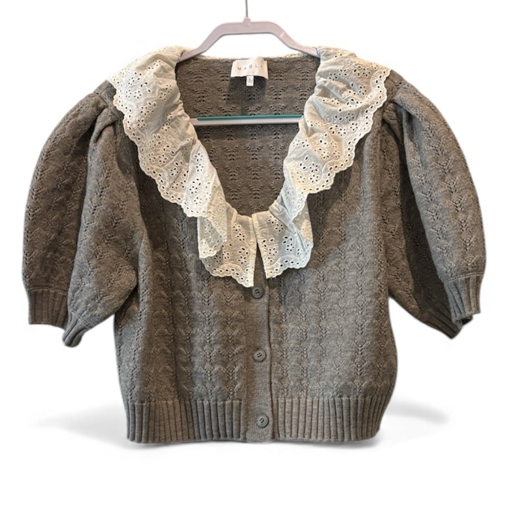 Mable Adley Lace Collar Cardigan Gray Cable Knit Eyelet Collar Large - Picture 3 of 10